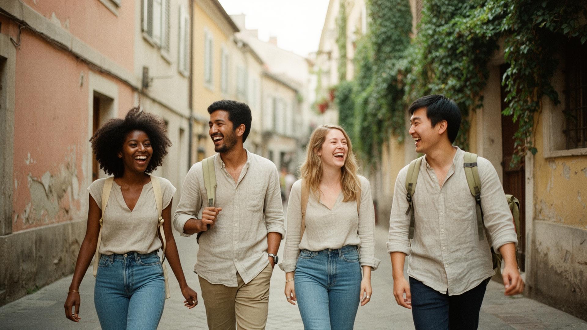 Four friends laughing while walking a pastel old-town street on a long-planned reunion