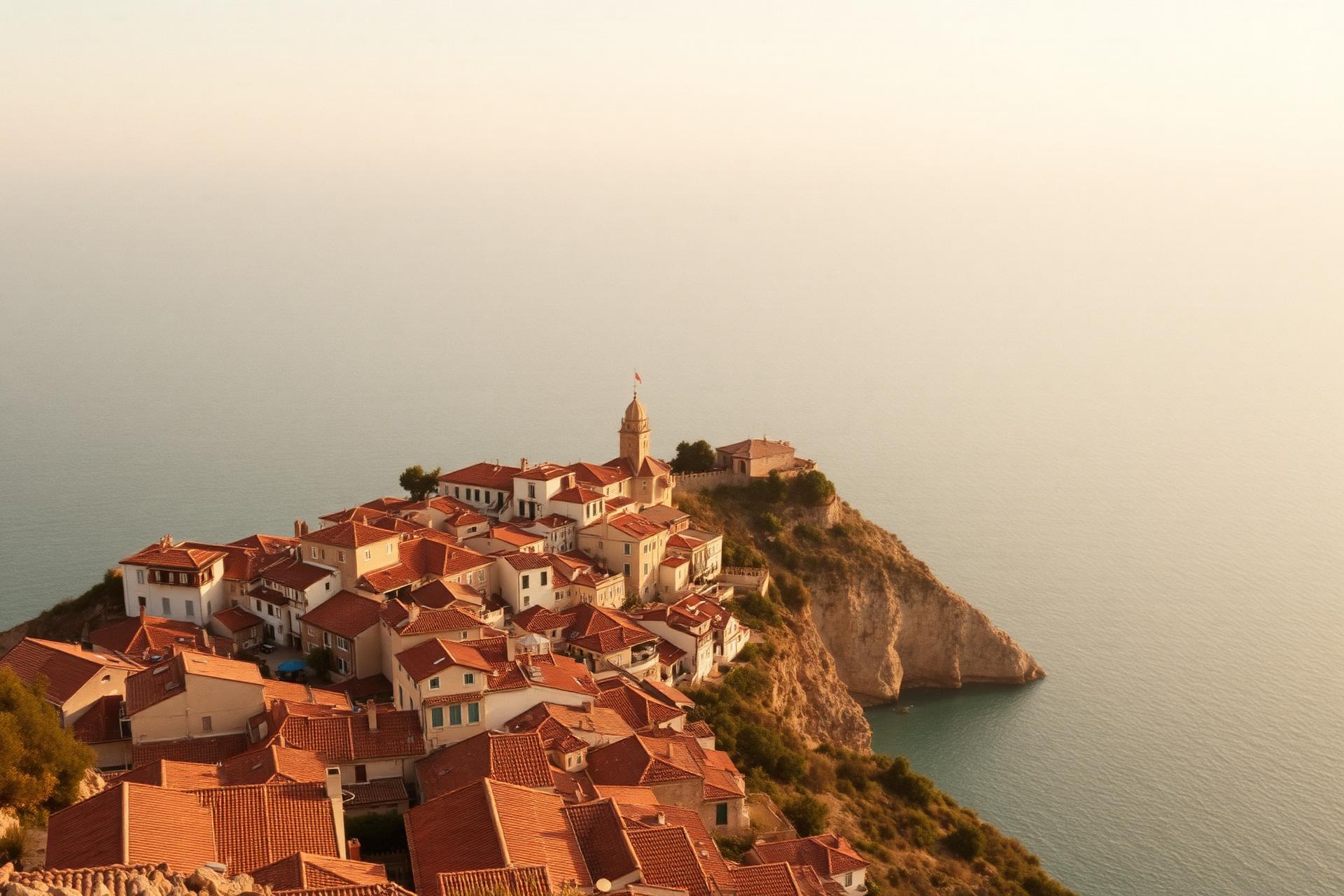 A Mediterranean hilltop village glowing in golden hour light