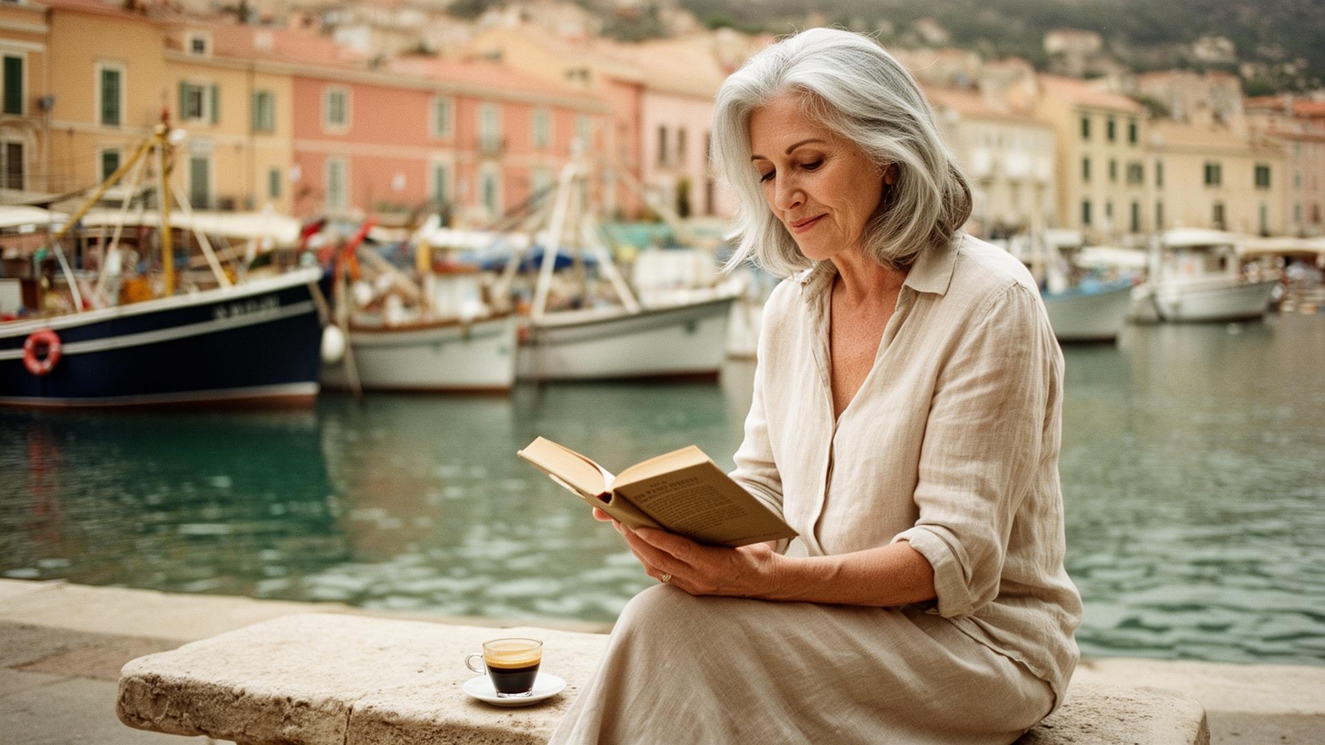 A traveller reading by a Mediterranean harbour during a family visit