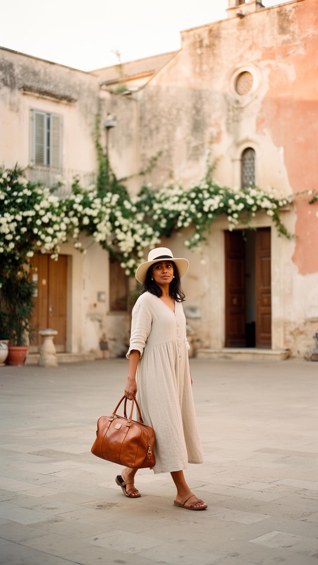 A guest walking across a sunlit Puglian plaza on a wedding weekend